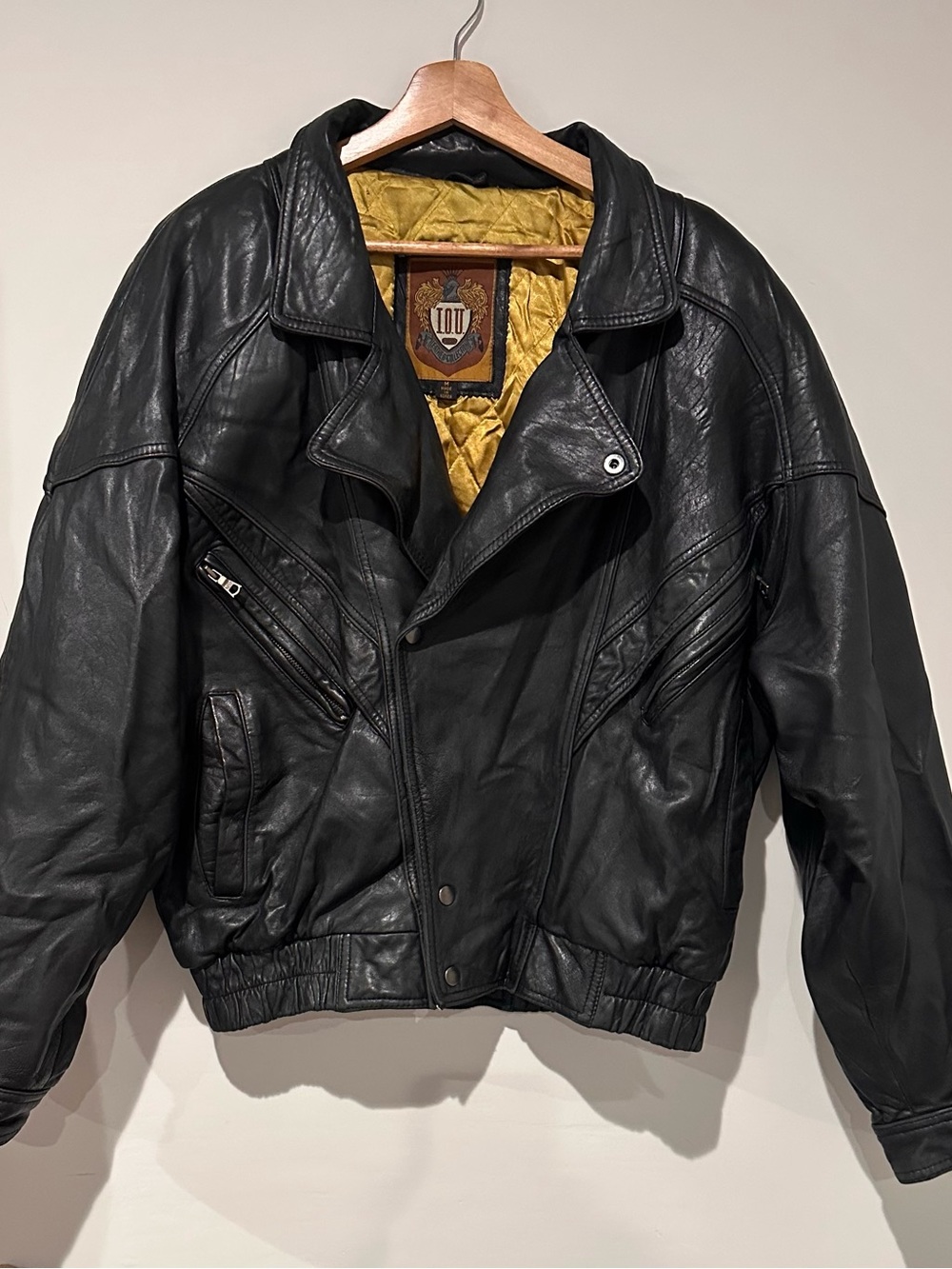 Vintage I.O.U Genuine Leather Moto Bomber Jacket Black Oversized Korea Men L XL